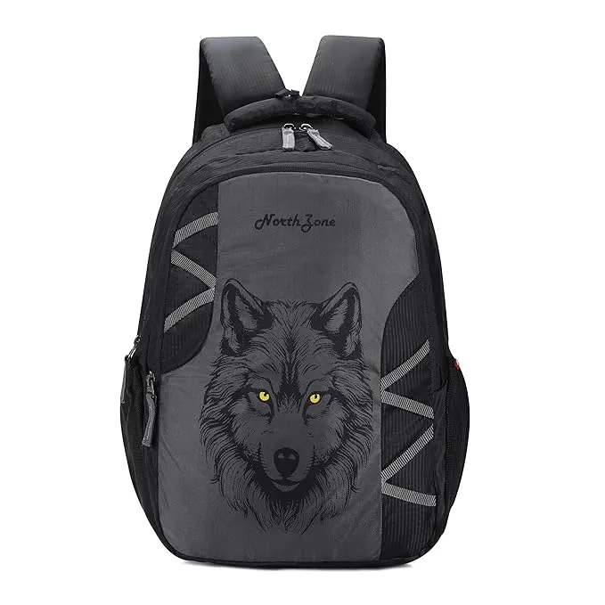 NORTH ZONE Wolf Print School Backpack for Boys & Girls | Water Resistant College Bag for Men & Women | Laptop Backpack with Multiple Compartments | Travel Backpack for Students | Casual Daypack